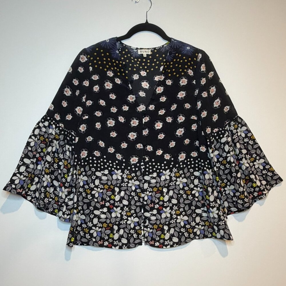 Suno New York 100% Silk‎ Mixed Print Blouse Floral Polka Dot Flutter Sleeve Sz 0